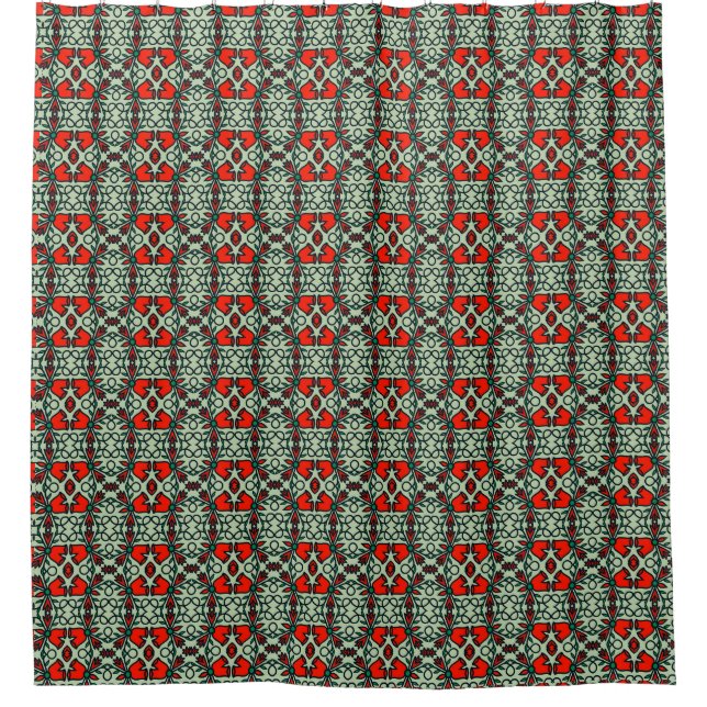 Dark Green and Red Patterned Shower Curtain (Front)