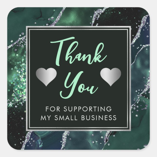 Dark Green and Silver Glitter Agate Small Business Square Sticker (Front)