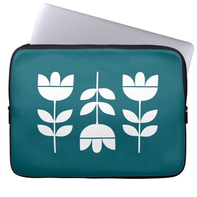 Dark green and white 3 flowers laptop sleeve (Front)