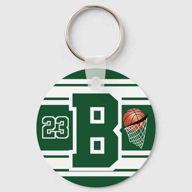 Dark Green and White Basketball Letter and Number Key Ring (Front)