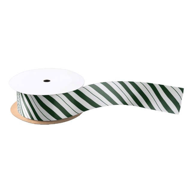 Dark Green and White Diagonal Striped Satin Ribbon (Spool)