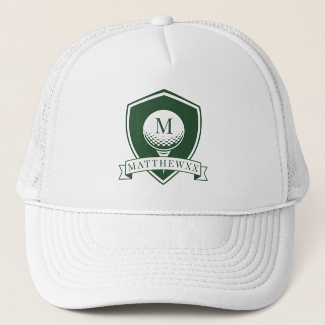 Dark Green and White Name Initial Monogram Golfer Trucker Hat (Front)