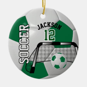 Dark Green and White Personalise Soccer Ball Ceramic Ornament