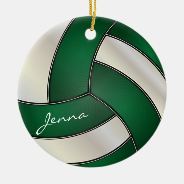 Dark Green and White Personalise Volleyball Ceramic Ornament (Front)