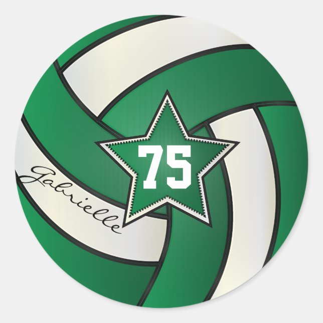 Dark Green and White Volleyball | DIY Text Classic Round Sticker (Front)