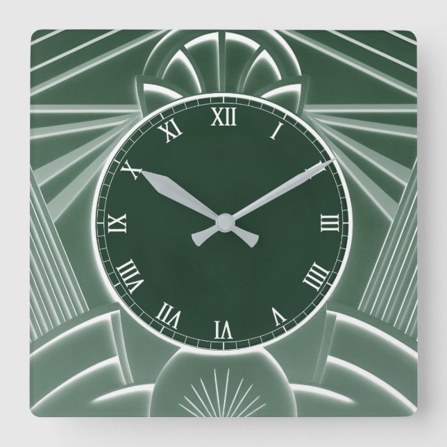Dark Green Art Deco Clock - Stylish Abstract Lines (Front)