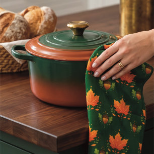Dark Green Autumn Maple Leaf & Acorn Tea Towel