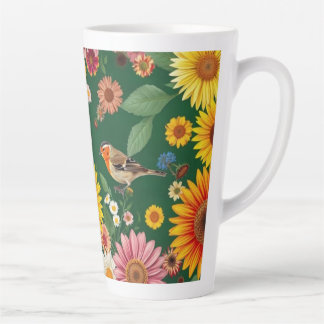 Dark Green Background Birds And Flowers Latte Mug