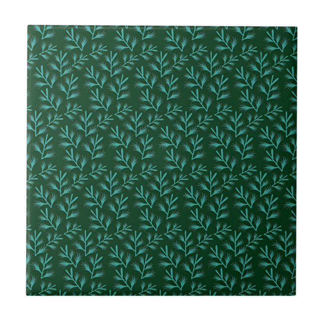  Dark Green Background with Teal Botanical Leaves Ceramic Tile (Front)