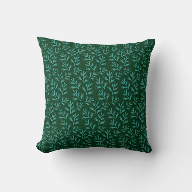  Dark Green Background with Teal Botanical Leaves Cushion (Front)