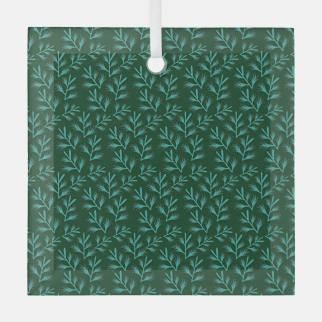  Dark Green Background with Teal Botanical Leaves Glass Tree Decoration (Front)