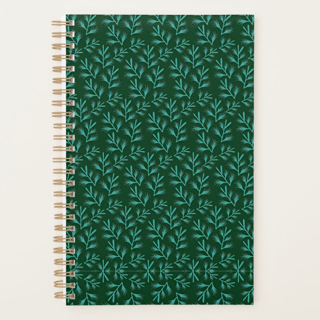  Dark Green Background with Teal Botanical Leaves Planner (Front)