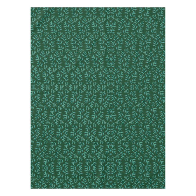  Dark Green Background with Teal Botanical Leaves Tablecloth (Front)