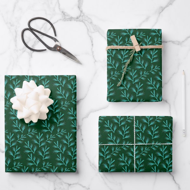  Dark Green Background with Teal Botanical Leaves Wrapping Paper Sheet (Front)