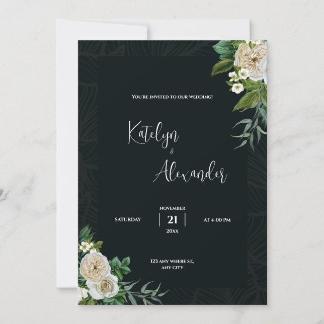 Dark Green Background with White Flower wedding Invitation (Front)