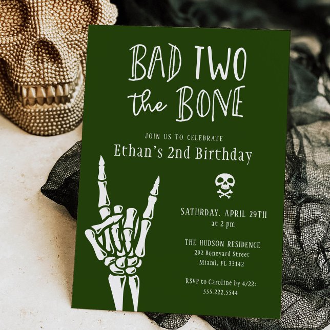 Dark Green Bad Two The Bone 2nd Birthday Party Invitation (Creator Uploaded)