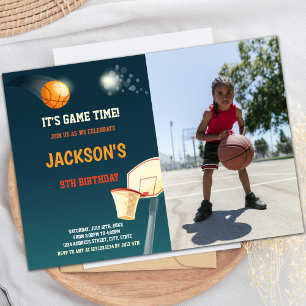 Dark Green Basketball Invitations with photo