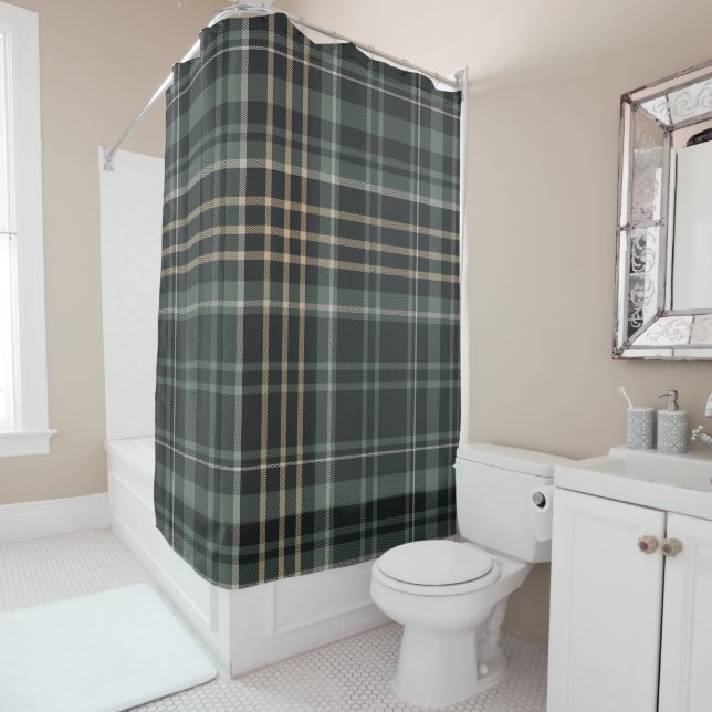 Dark Green Beige Plaid Shower Curtain (In Situ)