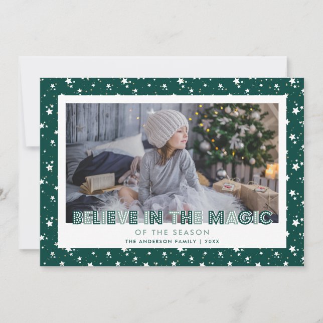 Dark Green Believe In the Magic Stars Photo Holiday Card (Front)