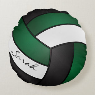 Dark Green, Black and White Volleyball   DIY Name Round Cushion