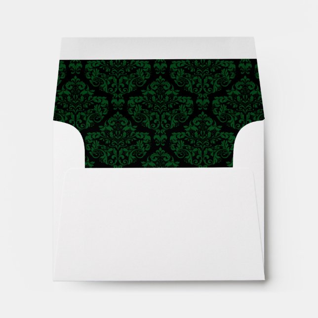 Dark Green Black Damask Lined Wedding Envelopes (Back (Bottom))