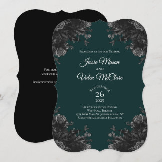 Dark Green Black Grey Roses Gothic Elegant Wedding Invitation