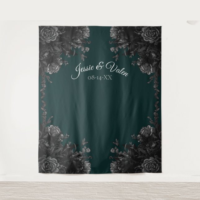 Dark Green Black Grey Roses Gothic Photo Backdrop Tapestry (Front)