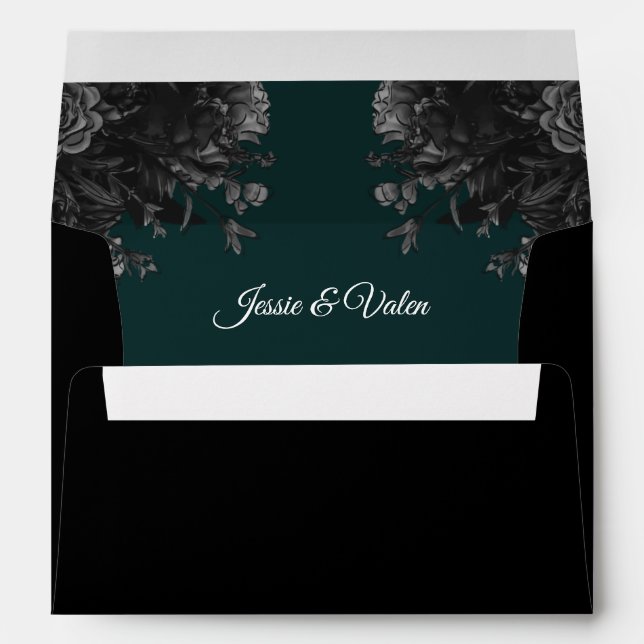 Dark Green Black Grey Roses Gothic Wedding Envelope (Back (Bottom))