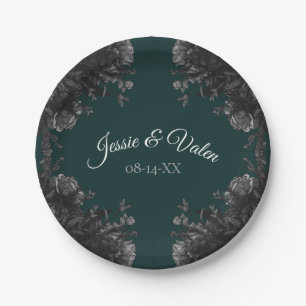 Dark Green Black Grey Roses Gothic Wedding Paper Plate