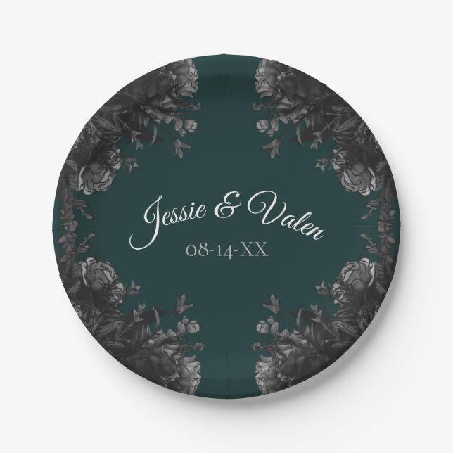 Dark Green Black Grey Roses Gothic Wedding Paper Plate (Front)