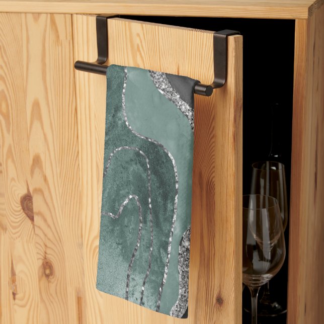 Dark Green Black Marble Agate Silver Glam #1  Tea Towel (Thirds Fold)