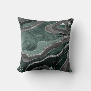 Dark Green Black Marble Agate Silver Glitter Glam  Cushion