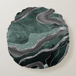 Dark Green Black Marble Agate Silver Glitter Glam  Round Cushion