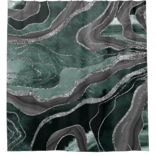 Dark Green Black Marble Agate Silver Glitter Glam  Shower Curtain