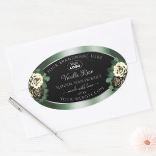 Dark Green Black Product Labels Leafy Roses Logo