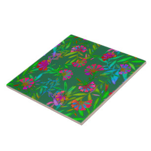 Dark Green Blooming Rainforest Vine Chintz Ceramic Tile