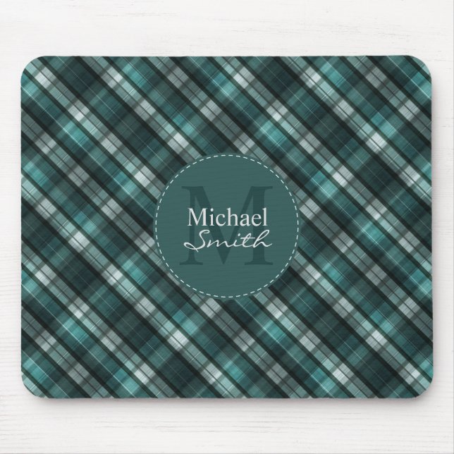 Dark Green (Blue Green) Plaid Striped Monogram Mouse Pad (Front)