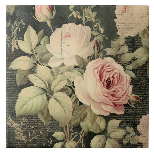 Dark Green Blush Rose  Ceramic Tile (Front)