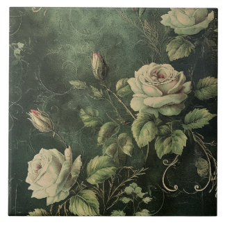 Dark Green Blush Rose  Ceramic Tile