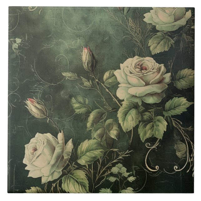 Dark Green Blush Rose  Ceramic Tile (Front)
