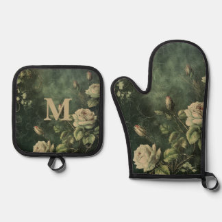 Dark Green Blush Rose  Oven Mitt & Pot Holder Set