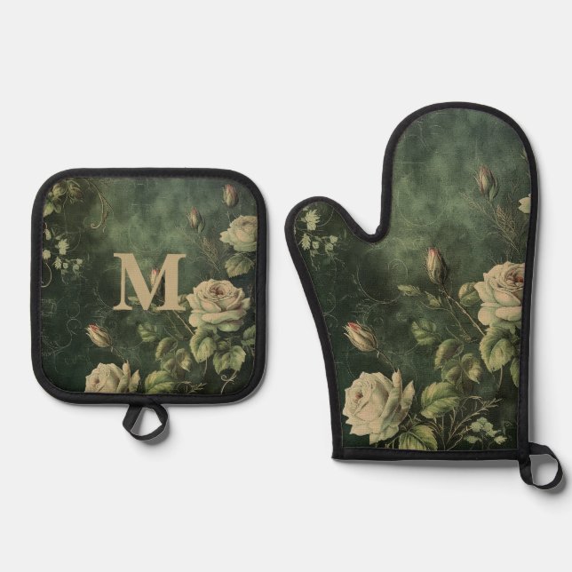 Dark Green Blush Rose  Oven Mitt & Pot Holder Set (Front)