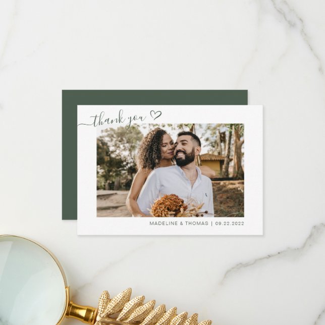 Dark Green Boho Simple Photo Heart Script Wedding Thank You Card (Front/Back In Situ)