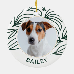 Dark Green Botanical Dog Photo and Name Christmas Ceramic Ornament