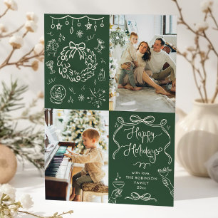 Dark Green Bows Hand Drawn Happy Holidays 2 Photo Holiday Card