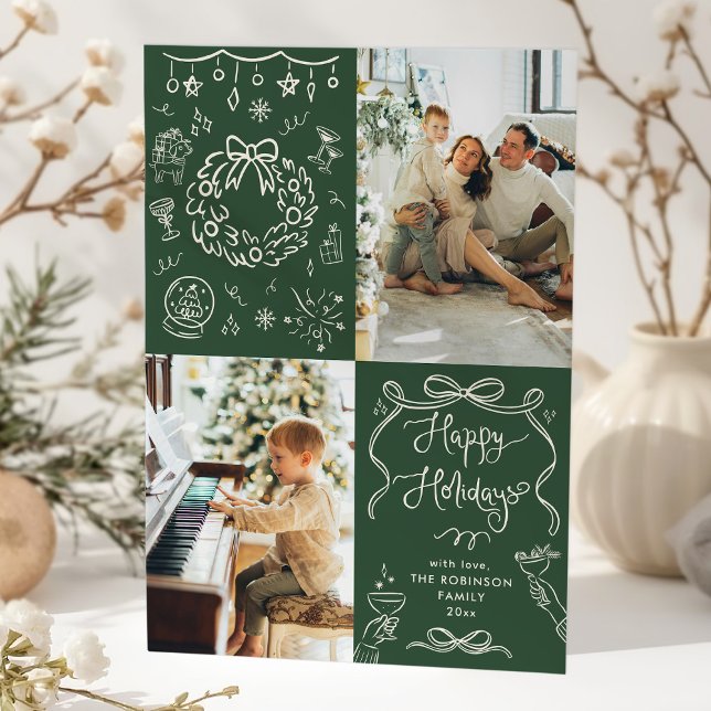 Dark Green Bows Hand Drawn Happy Holidays 2 Photo Holiday Card (Creator Uploaded)