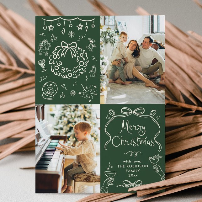 Dark Green Bows Hand Drawn Merry Christmas 2 Photo Holiday Card (Creator Uploaded)