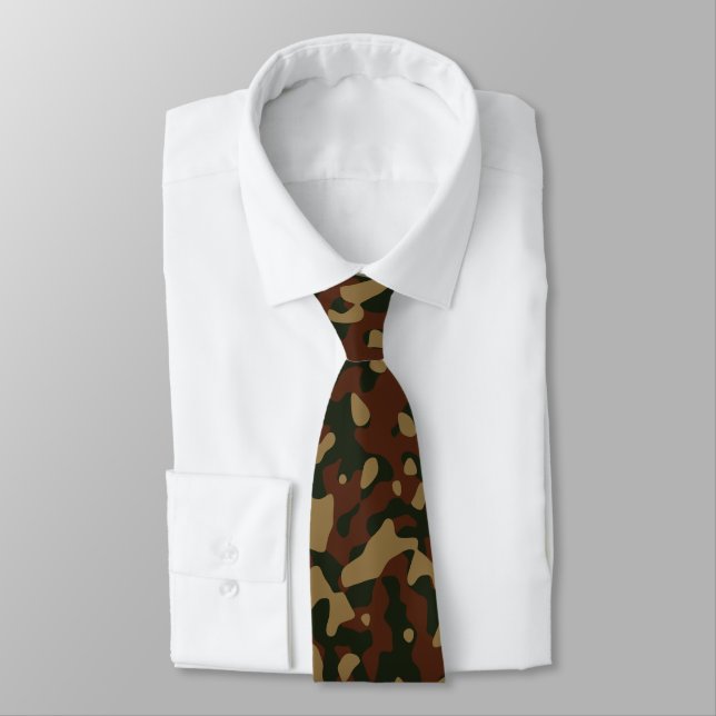 Dark Green, Brown, and Olive Camouflage Pattern Tie (Tied)