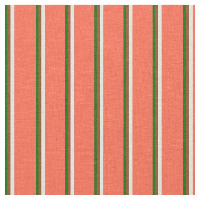 Dark Green, Brown, Beige, and Red Stripes Fabric (Close Up)