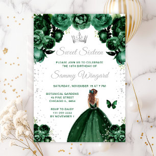 Dark Green Brown Hair Princess Sweet Sixteen Invitation